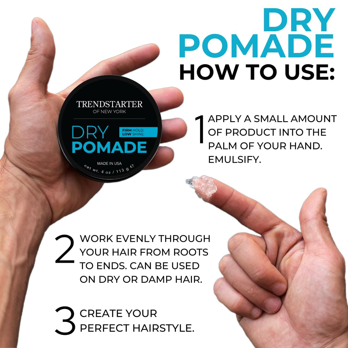 TRENDSTARTER dry pomade held in hand to show 4oz size and portability benefit
