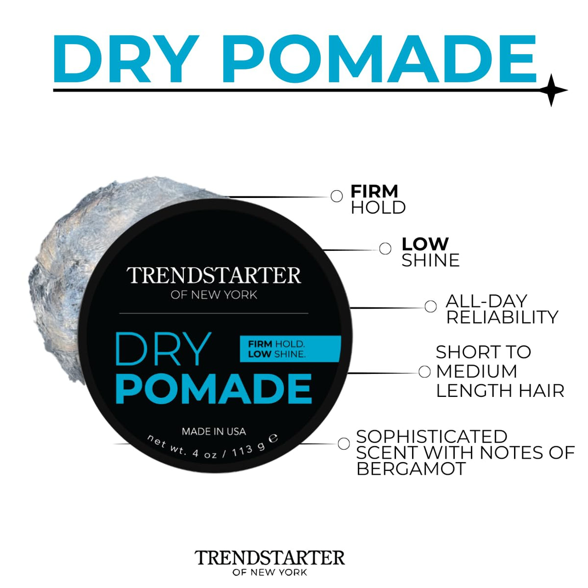 TRENDSTARTER dry pomade applied to fingertips showing easy application and control