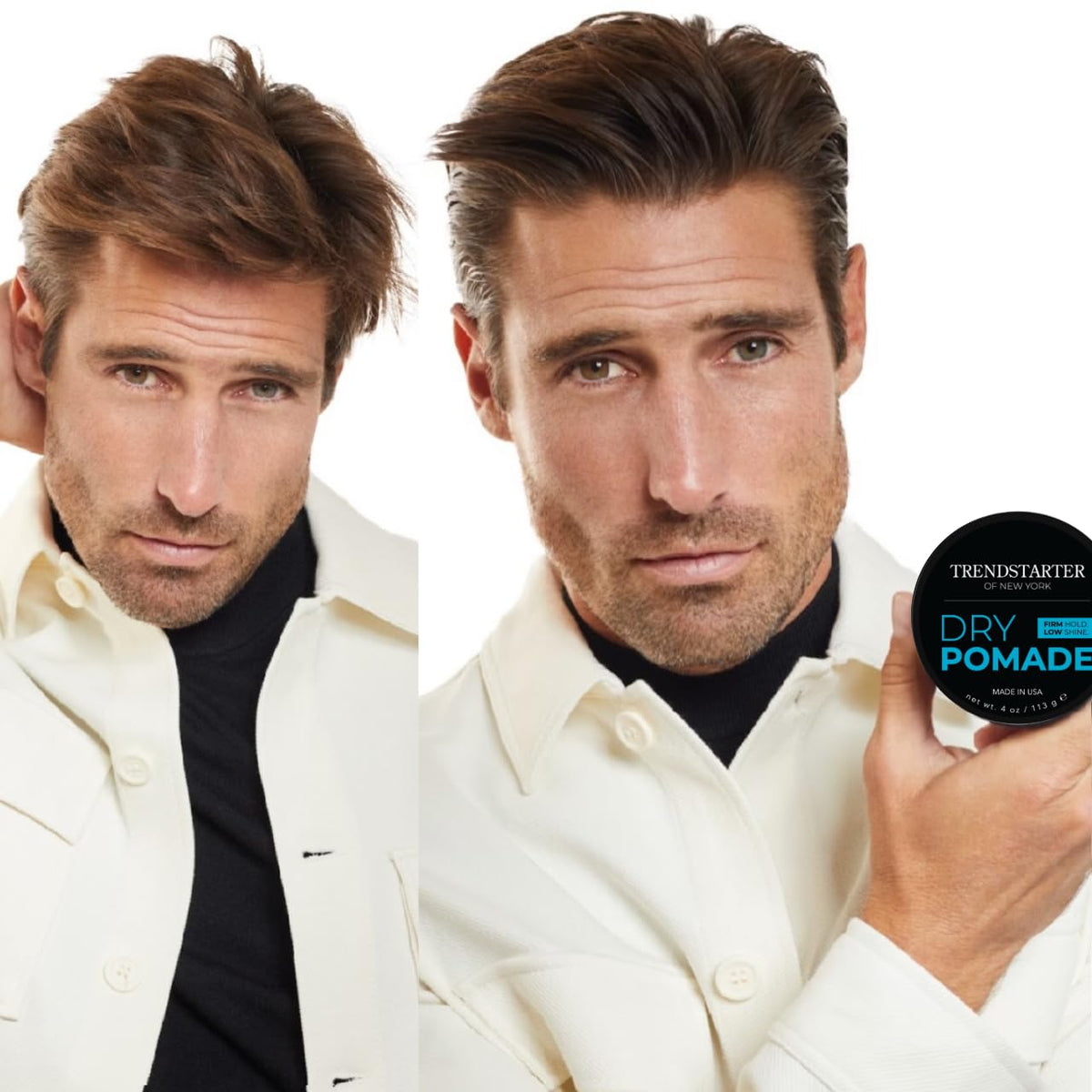 TRENDSTARTER dry pomade open jar texture close-up demonstrating matte, spreadable gel