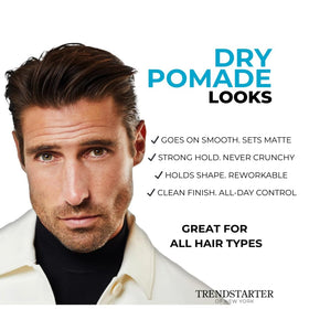 TRENDSTARTER dry pomade side label closeup highlighting product details and directions