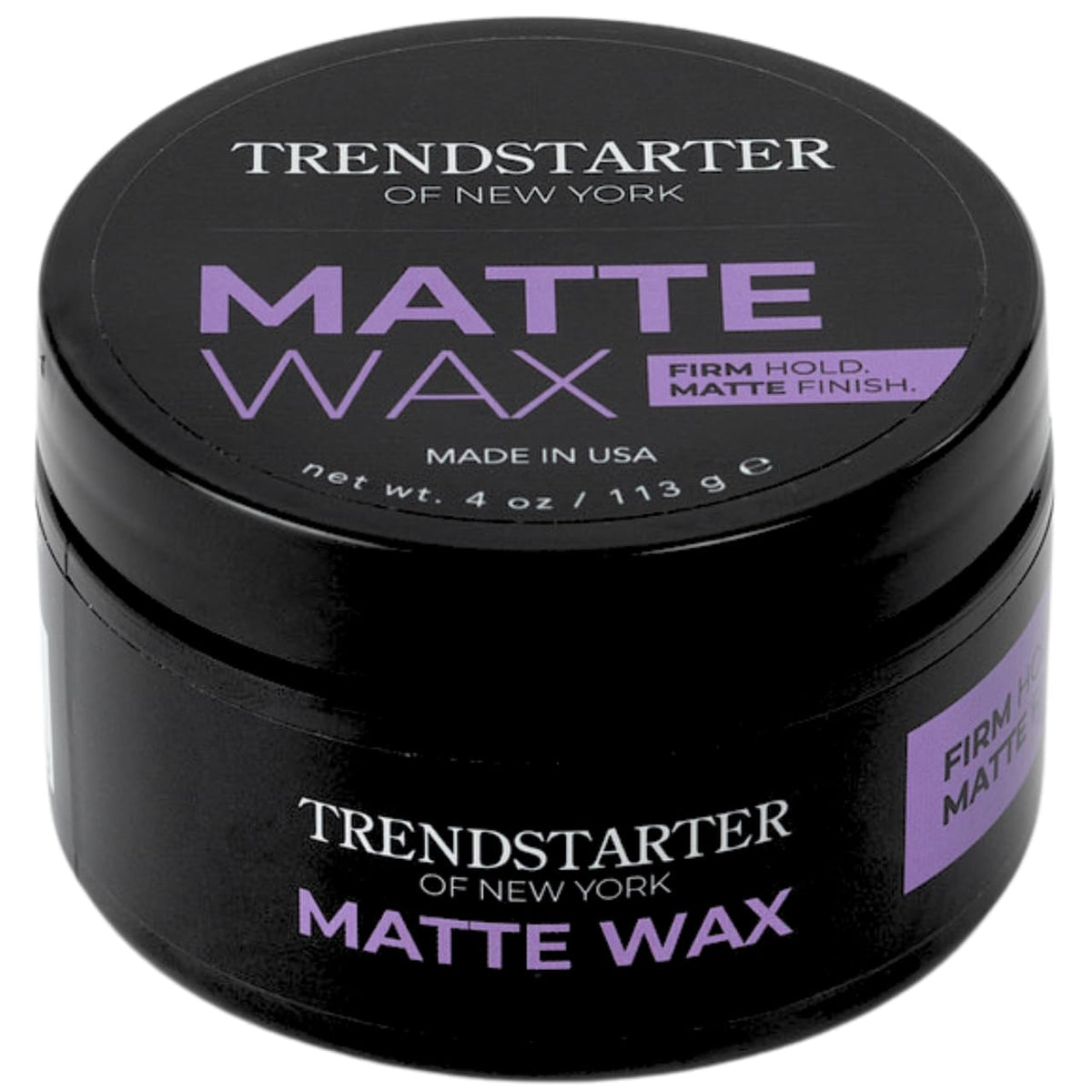 TRENDSTARTER jar front view showing label and matte wax benefit