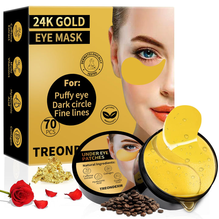 Treondexir front packaging showing 70-piece gold eye masks for convenient treatments