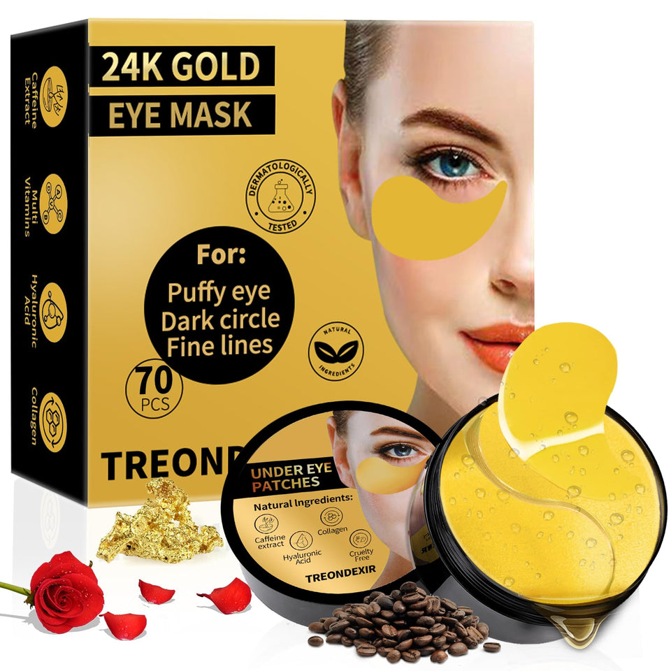 Treondexir front packaging showing 70-piece gold eye masks for convenient treatments