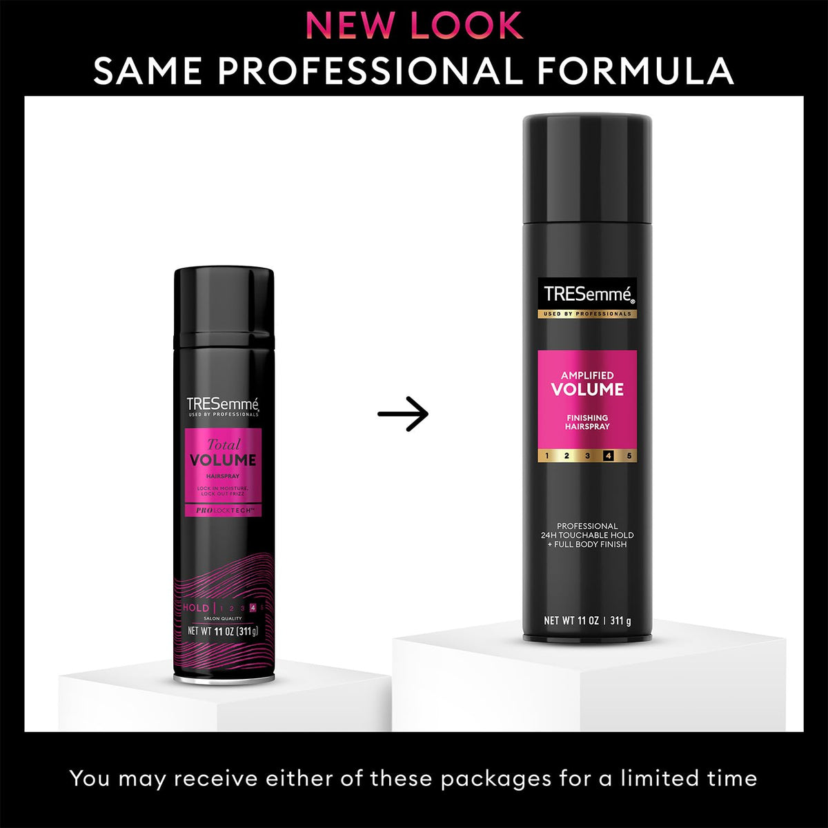 TRESemmé amplified hairspray being sprayed from hand for added lift