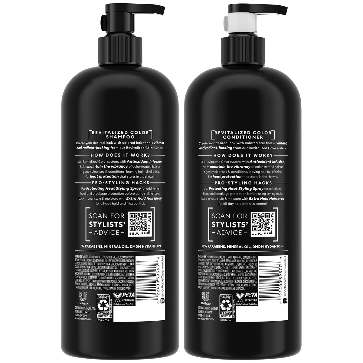 TRESemmé back label highlighting ingredients and benefits for color