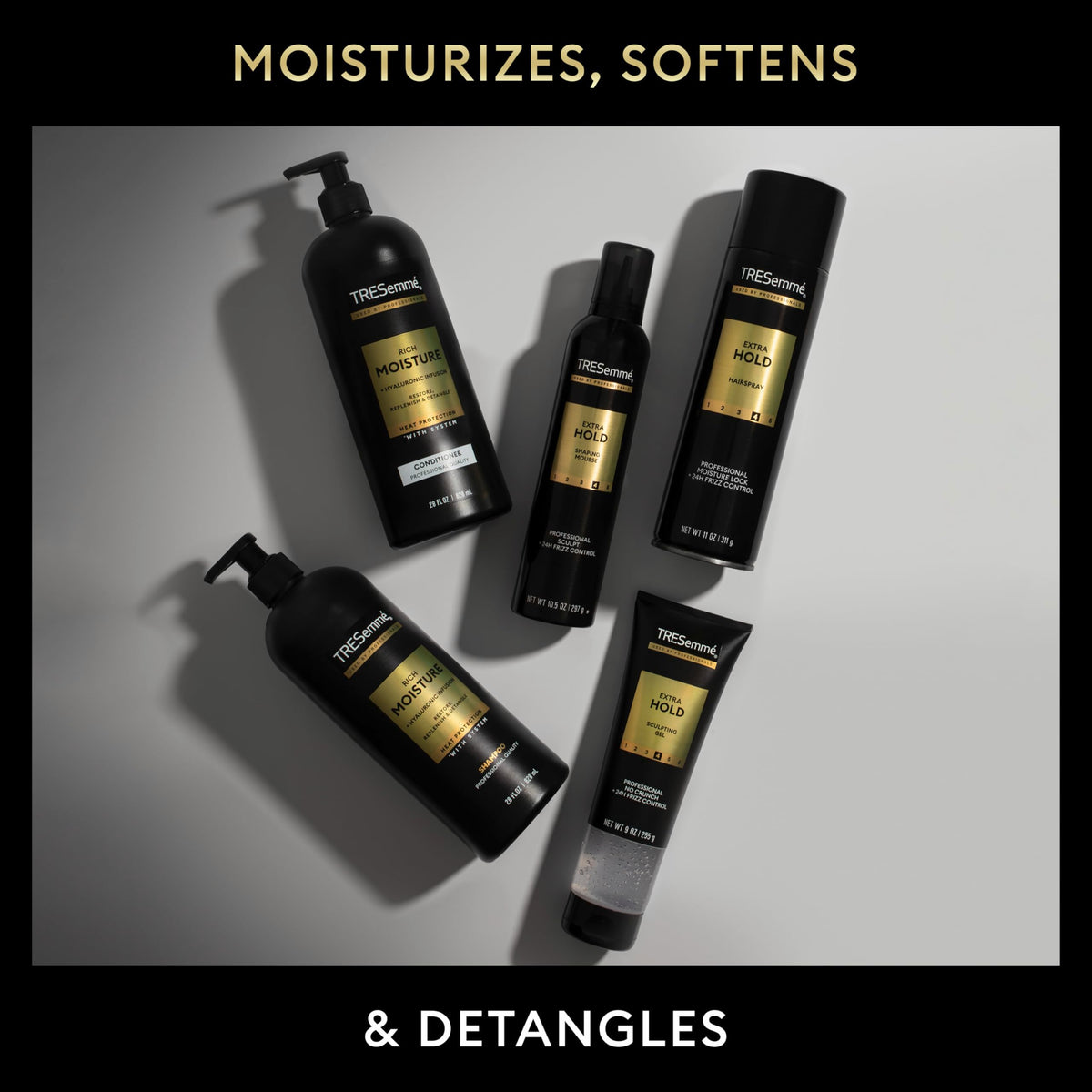 TRESemmé bottle in a travel bag illustrating portability and on-the-go styling benefit