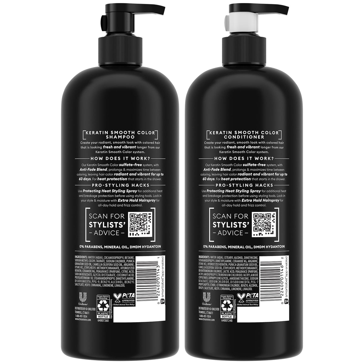 TRESemmé label close-up highlighting keratin and anti-fade benefit