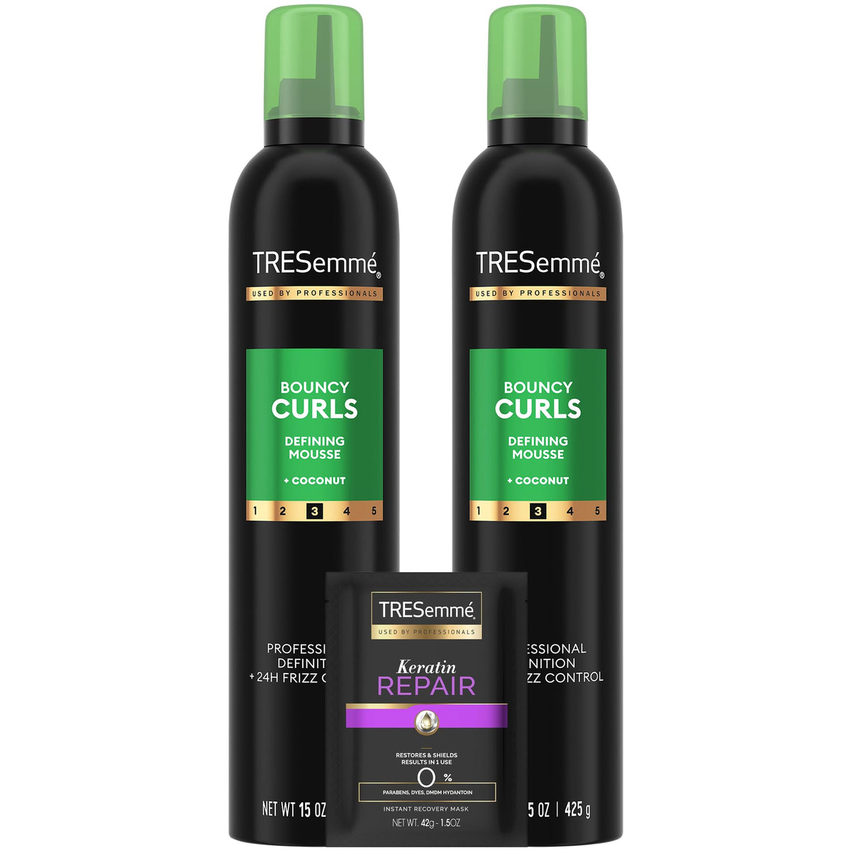TRESemmé front packaging of bouncy curls mousse showing product benefits