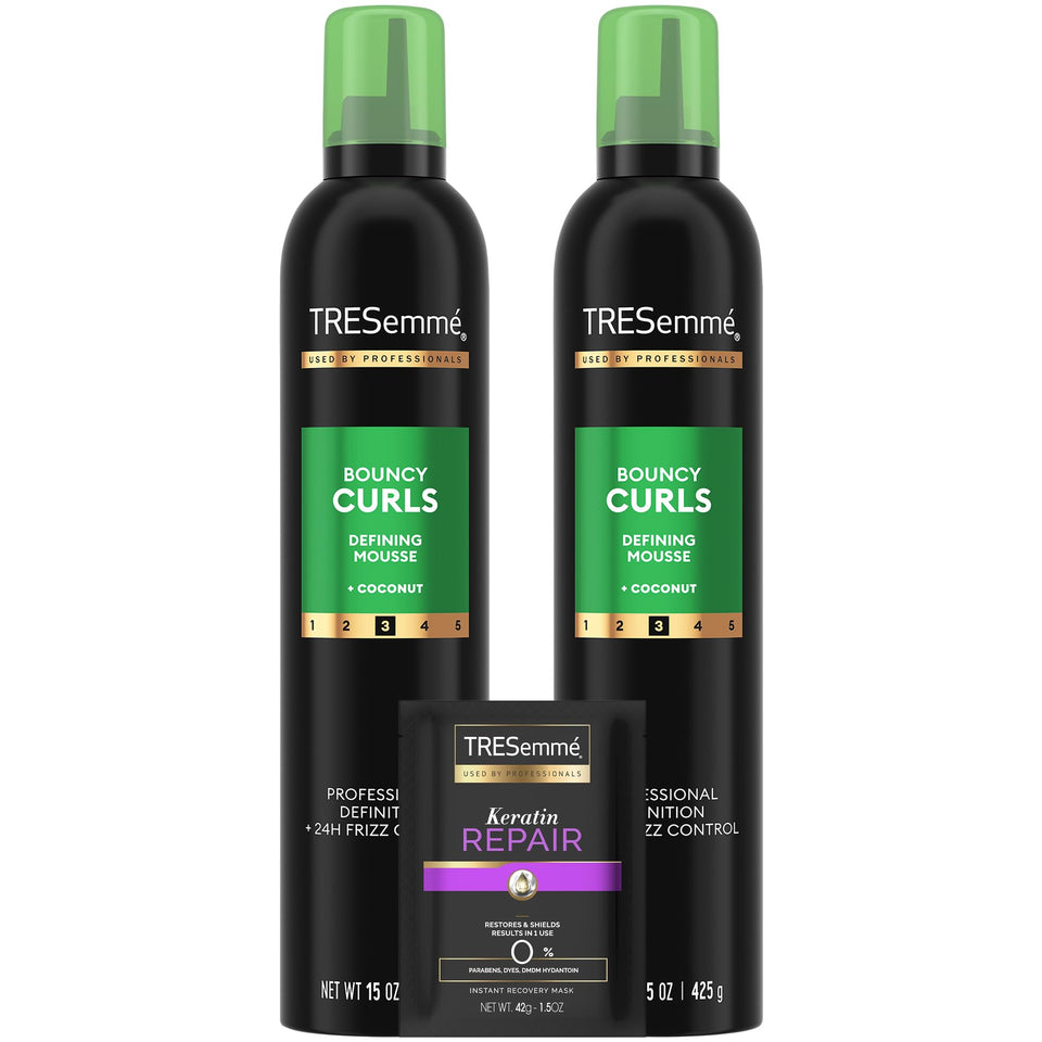TRESemmé front packaging of bouncy curls mousse showing product benefits