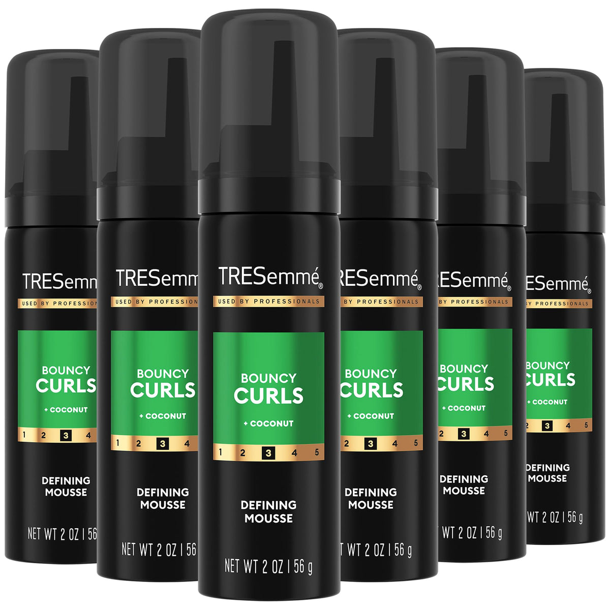 TRESemmé front packaging of travel-size mousse showing six cans and brand benefit