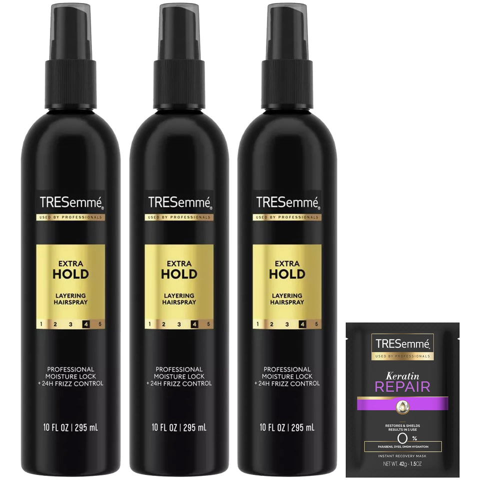 TRESemmé front packaging showing 3-pack benefits and hold