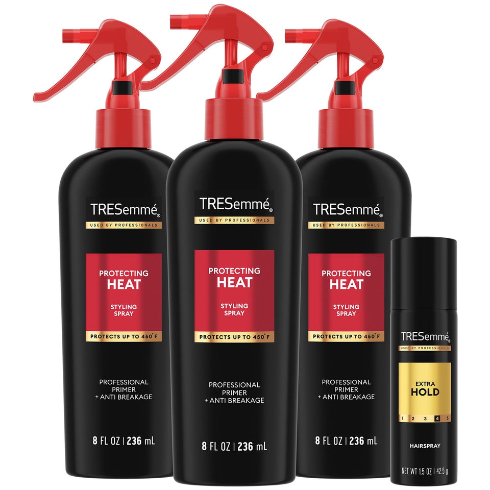TRESemmé front packaging showing three heat sprays for lasting protection