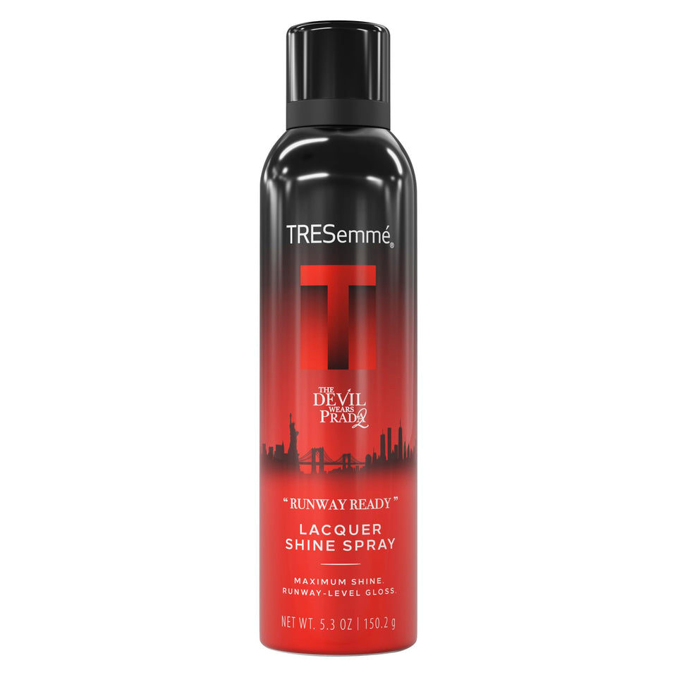 TRESemmé front packaging with Devil Wears Prada design, premium look benefit