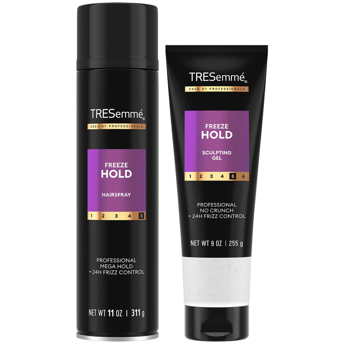 TRESemmé front packaging duo showing product sizes and benefits