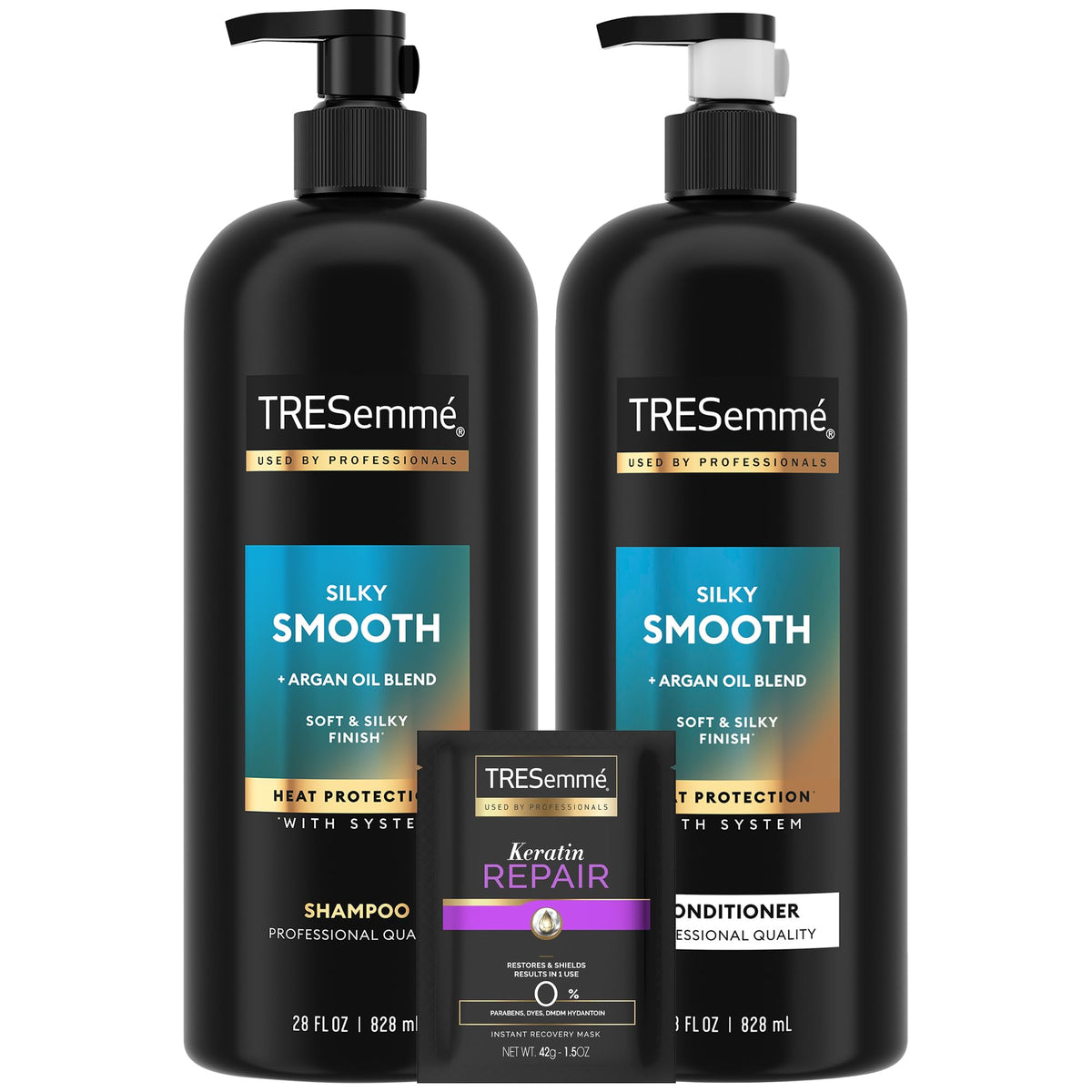 TRESemmé front packaging set showing trio and gift presentation, promotes smooth hair