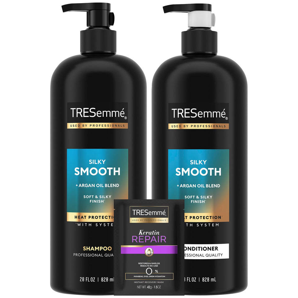 TRESemmé front packaging set showing trio and gift presentation, promotes smooth hair