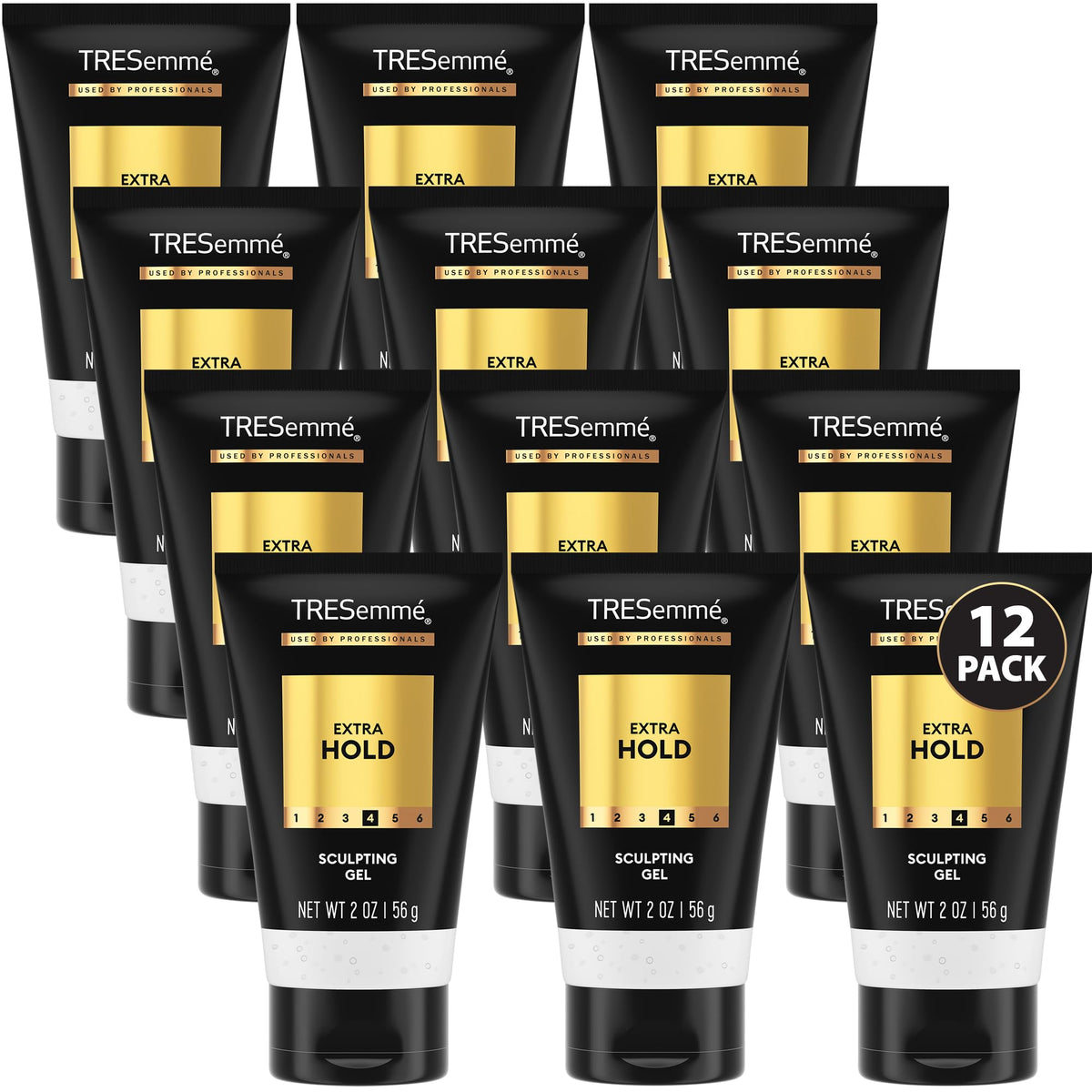 TRESemmé travel-size front packaging showing compact 2 oz tubes and extra hold benefit