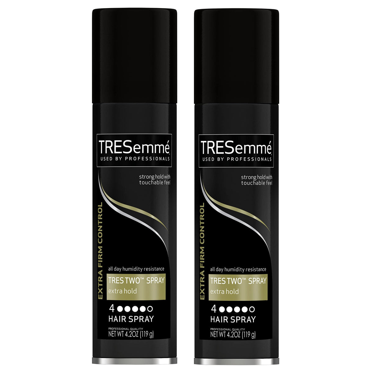TRESemmé front packaging showing travel-size twin pack with hold benefit