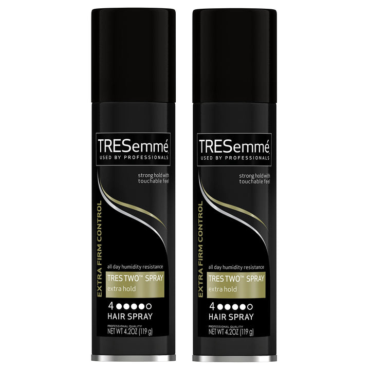 TRESemmé front packaging showing travel-size twin pack with hold benefit