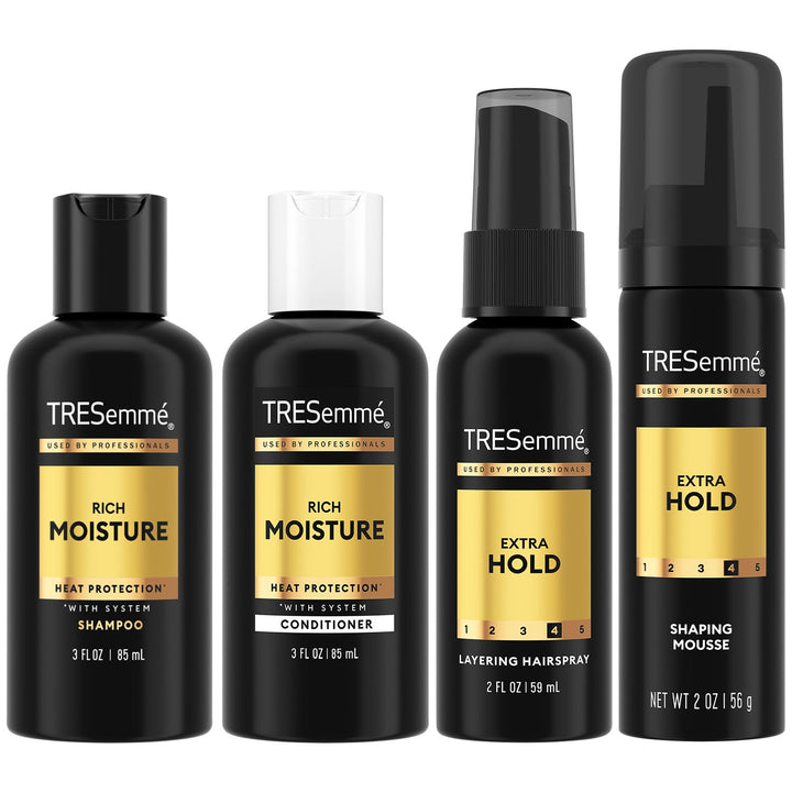 TRESemmé front packaging showing full 4-piece travel set and convenient carry benefit