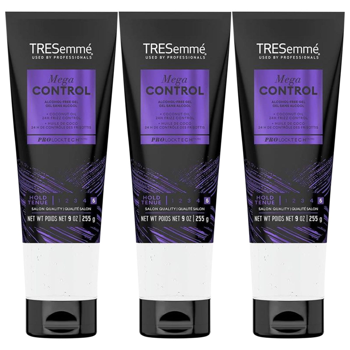 TRESemmé front packaging showing three 9oz tubs and professional hold