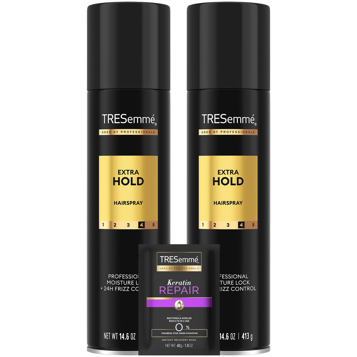 TRESemmé front packaging showing two cans with strong hold benefit