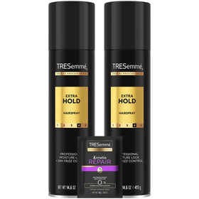 TRESemmé front packaging showing two cans with strong hold benefit
