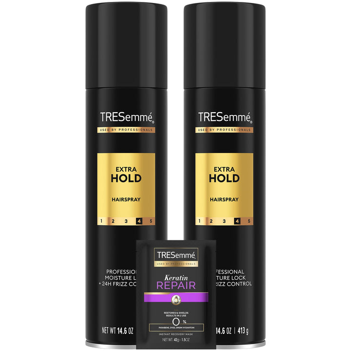 TRESemmé front packaging showing two cans with strong hold benefit