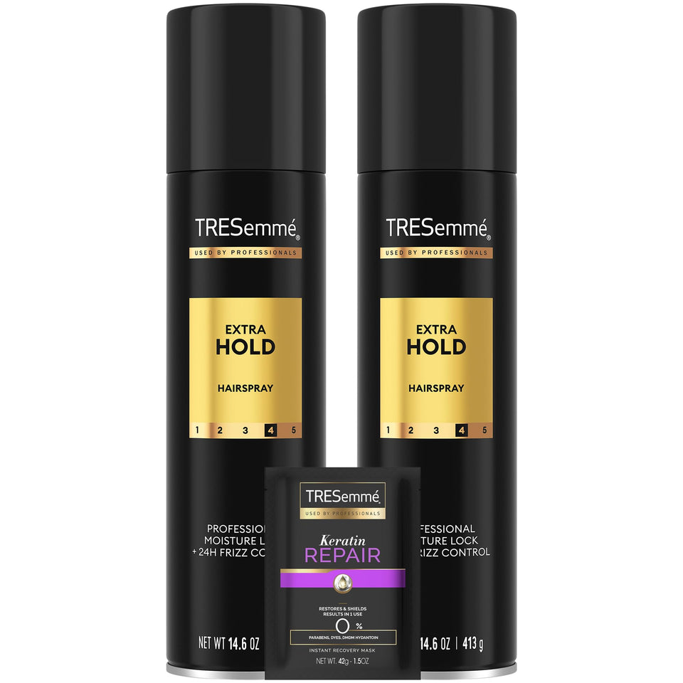 TRESemmé front packaging showing two cans with strong hold benefit