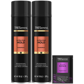 TRESemmé front packaging showing two cans and mask for convenient styling