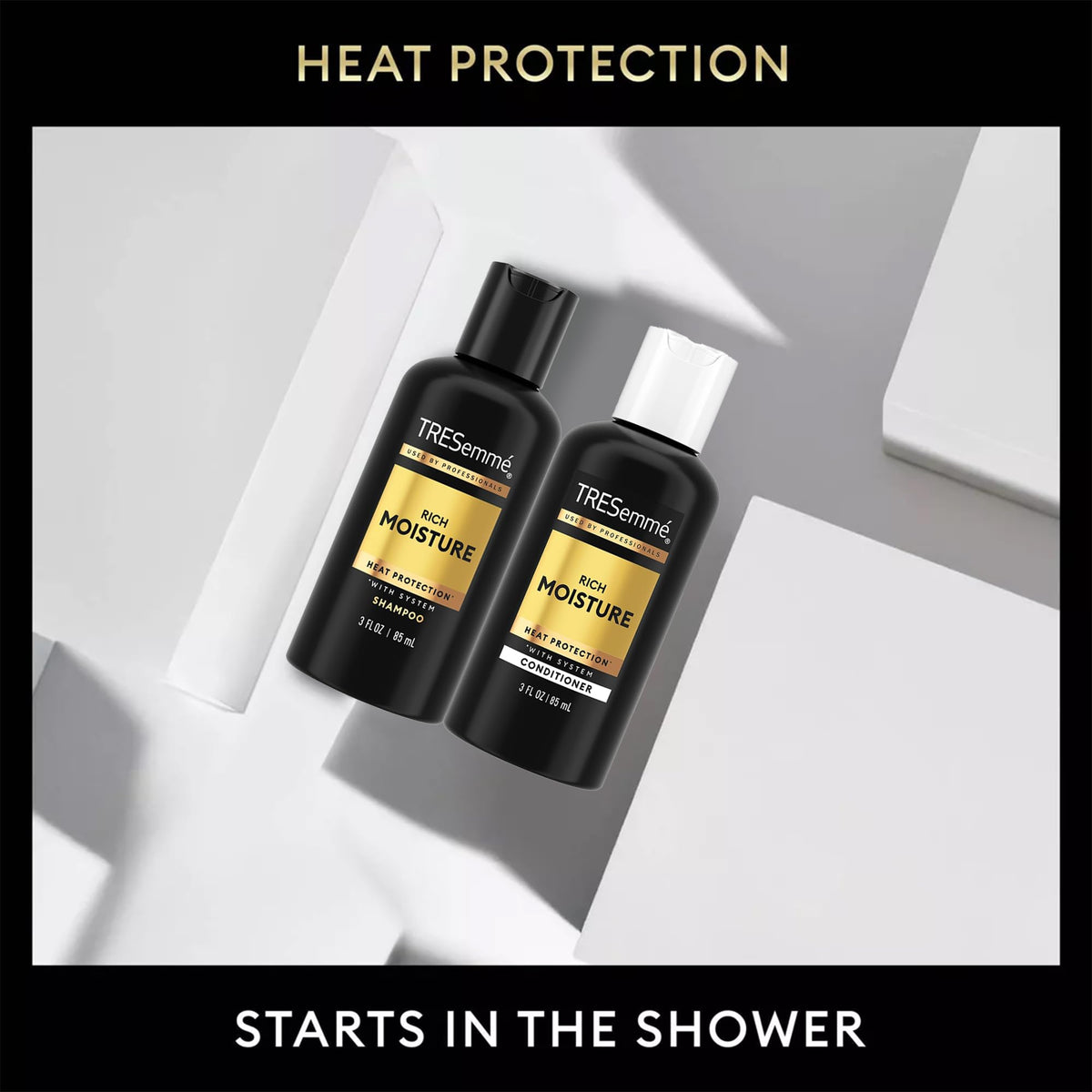 TRESemmé bottles staged in a hotel bathroom illustrating on-the-go use