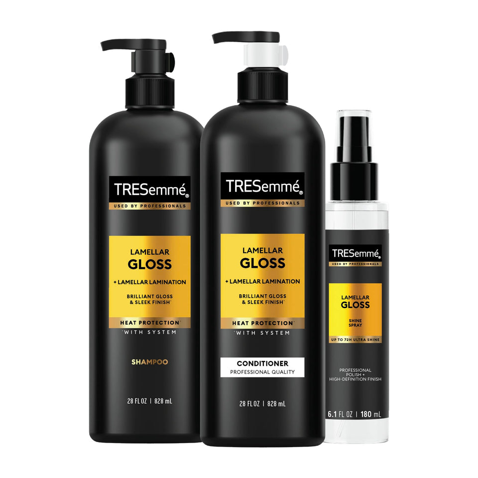 TRESemmé Lamellar Gloss full pack front view showing trio for salon-like shine