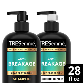 TRESemmé set styled on bathroom shelf in lifestyle scene inspiring salon-at-home care
