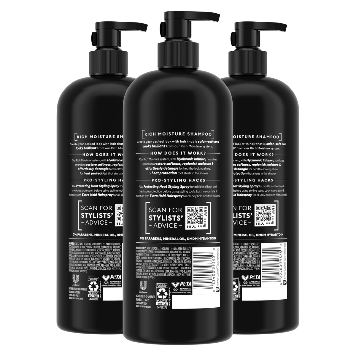 TRESemmé back label close-up displaying ingredients and product benefits