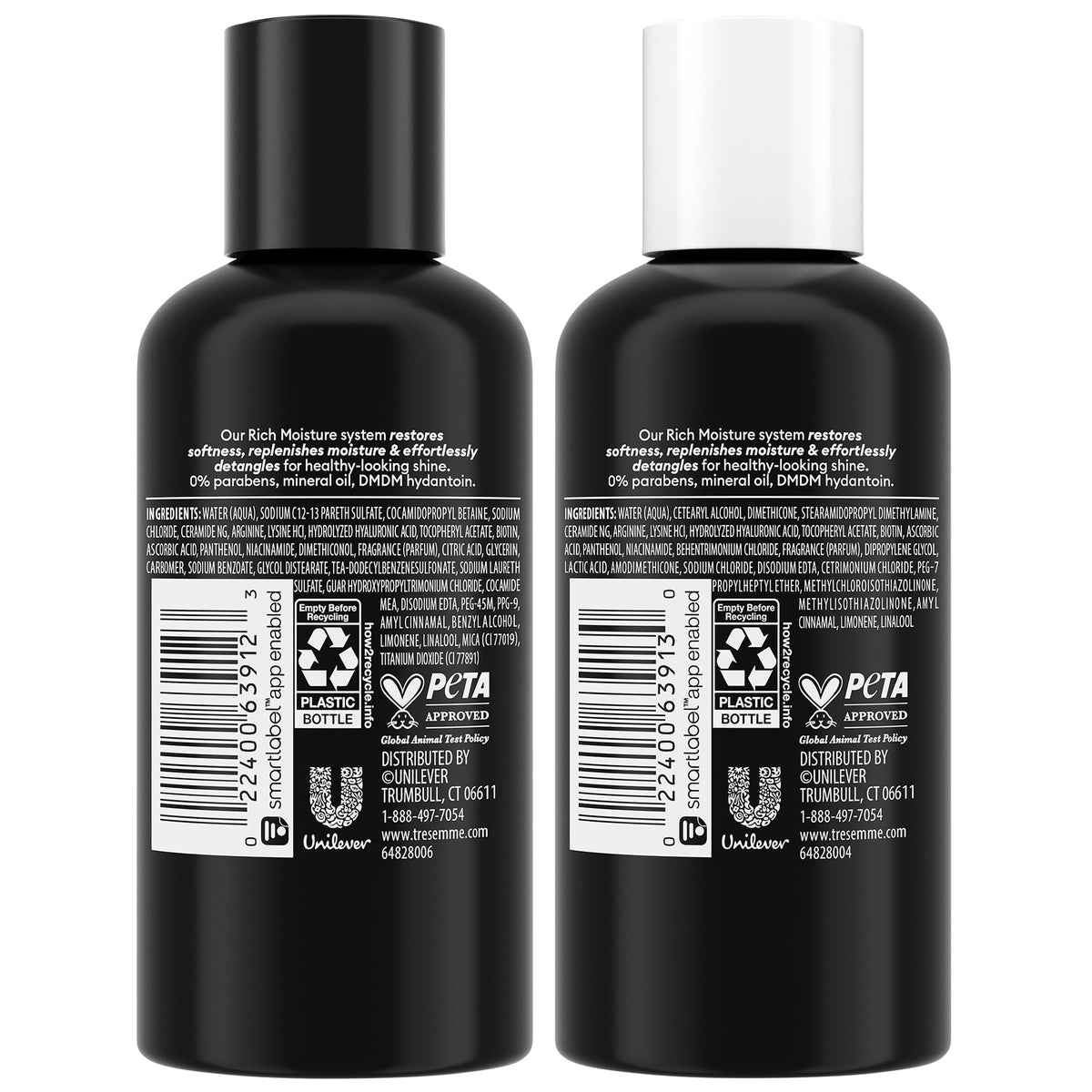 TRESemmé shampoo bottle closeup label highlighting moisturizing formula benefits