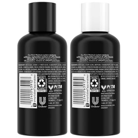 TRESemmé shampoo bottle closeup label highlighting moisturizing formula benefits