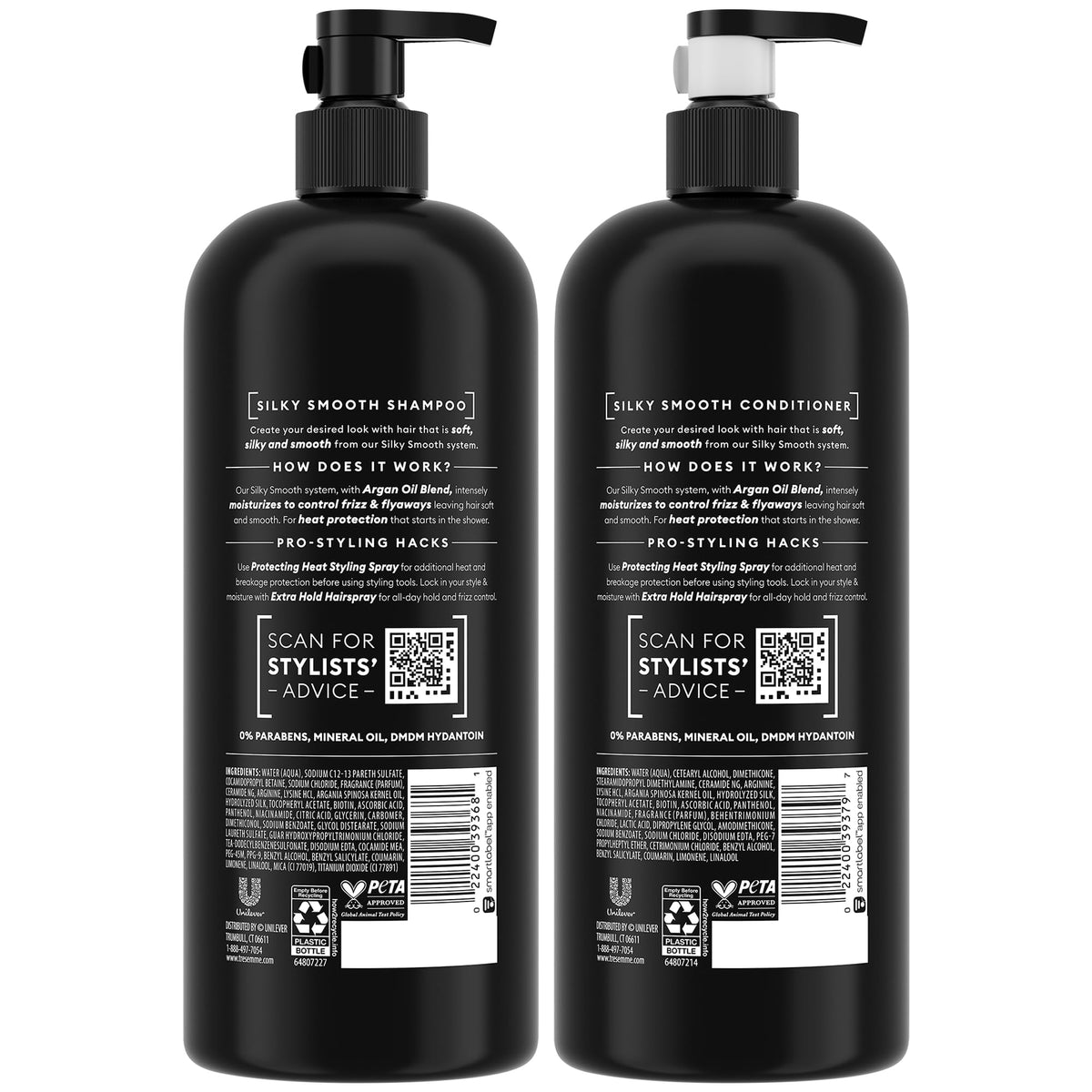 TRESemmé shampoo bottle closeup with label readable, highlights anti‑frizz benefits