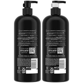 TRESemmé shampoo bottle closeup with label readable, highlights anti‑frizz benefits