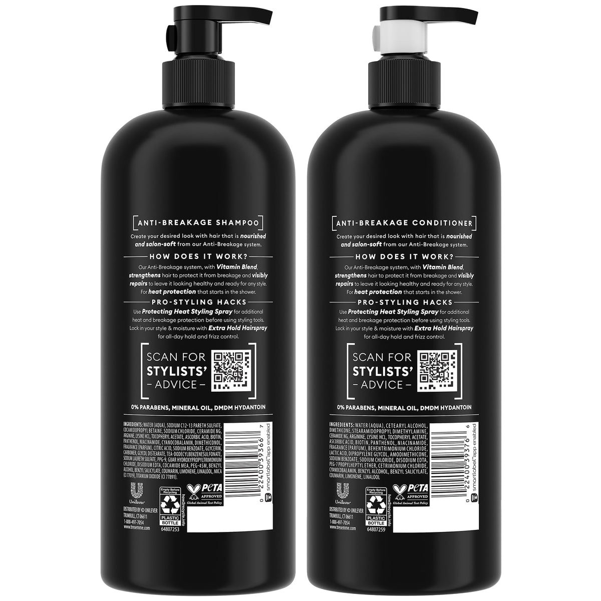 TRESemmé shampoo bottle closeup highlighting ingredient callouts and benefit
