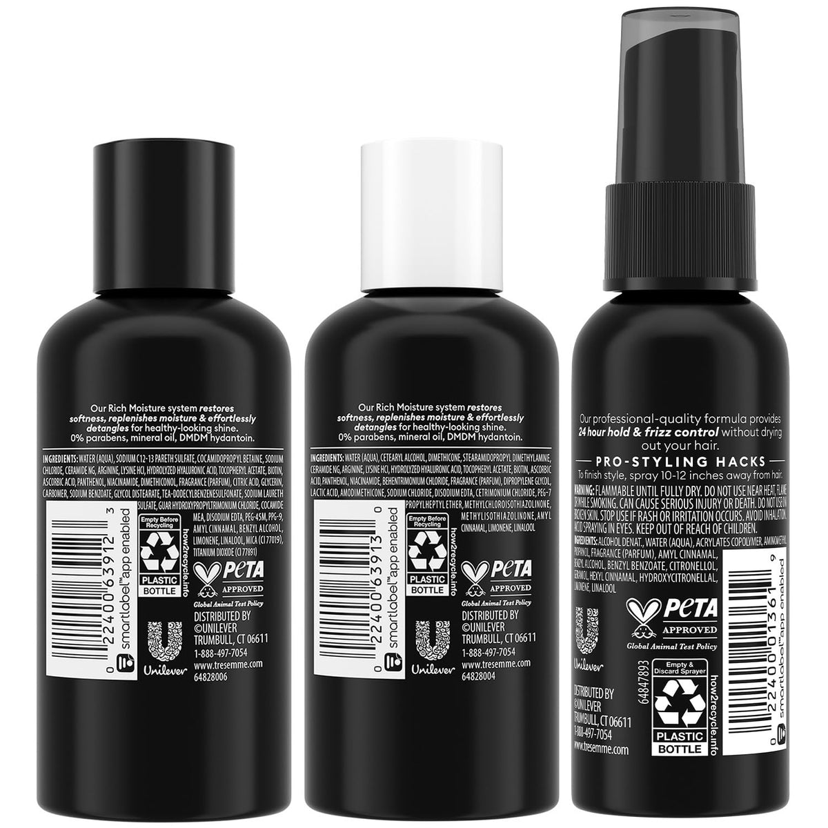 TRESemmé shampoo and conditioner label close-up highlighting key ingredients