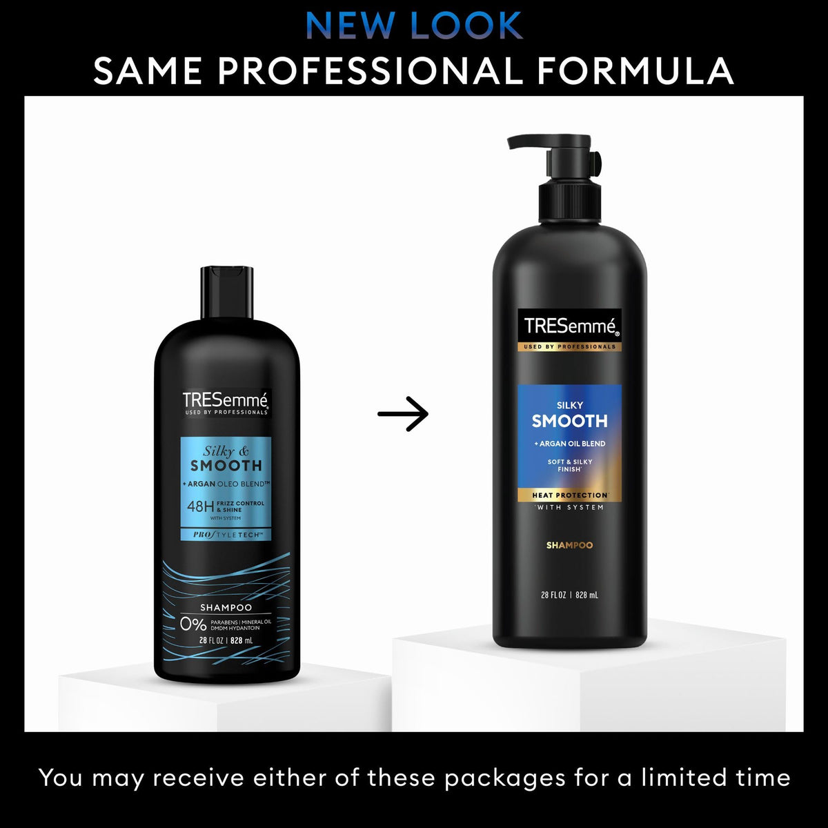 TRESemmé shampoo in bathroom during styling routine for frizz control