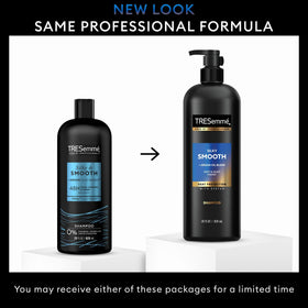 TRESemmé shampoo in bathroom during styling routine for frizz control