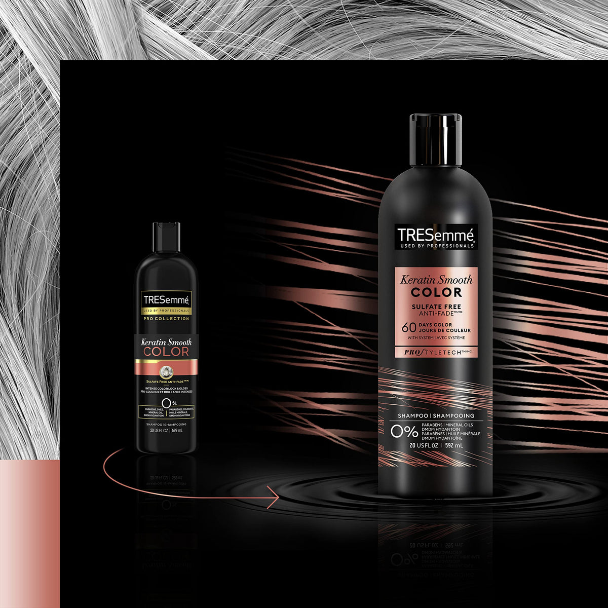 Model with glossy colored hair after using TRESemmé showing enhanced shine and frizz control