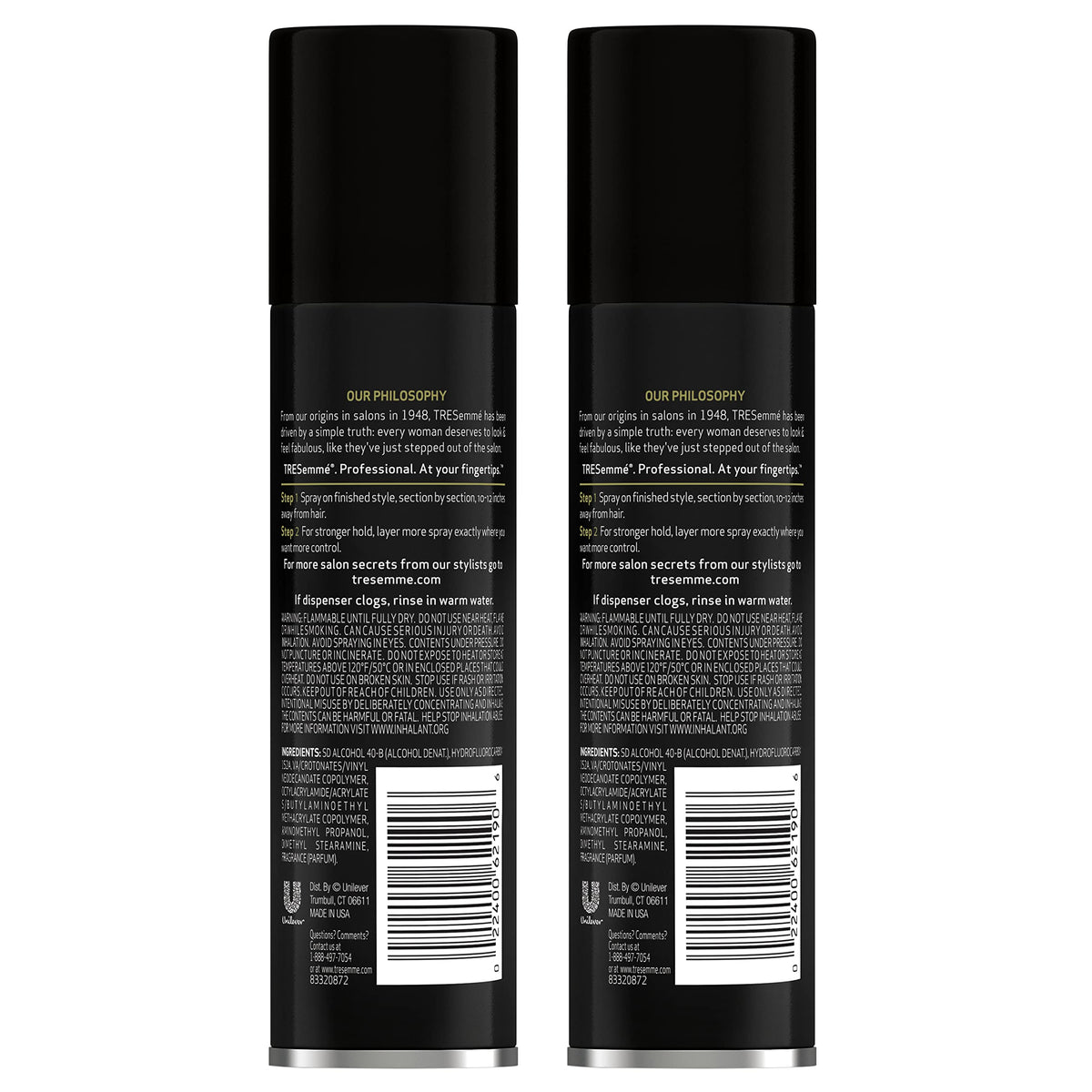 TRESemmé side label close-up highlighting ingredients and usage benefit