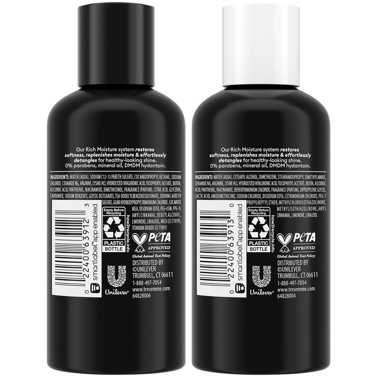 TRESemmé close-up label on single 3 oz bottle highlighting product information and benefit
