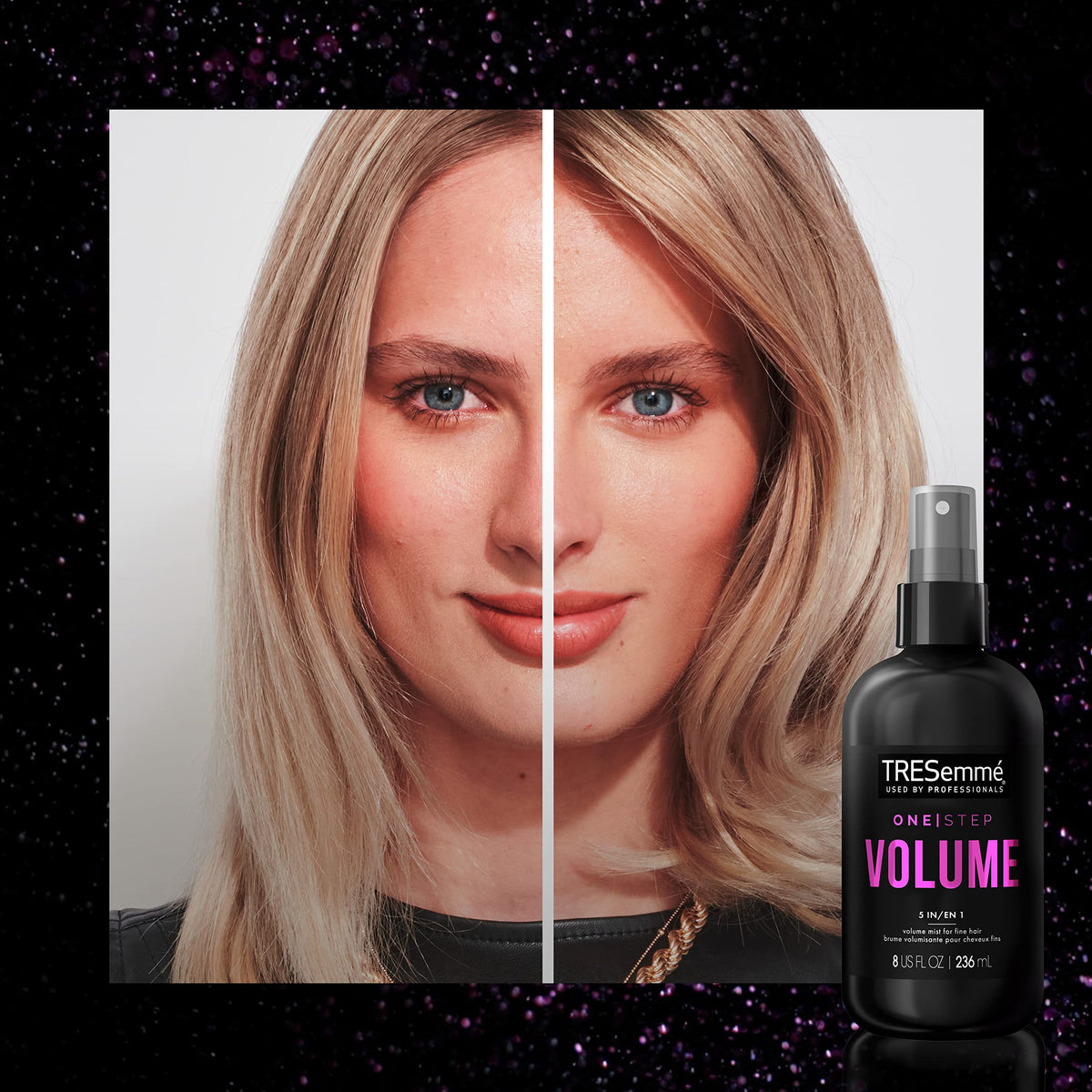 TRESemmé 8 oz bottle next to common objects showing compact size benefit