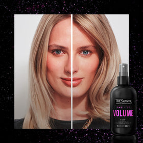 TRESemmé 8 oz bottle next to common objects showing compact size benefit