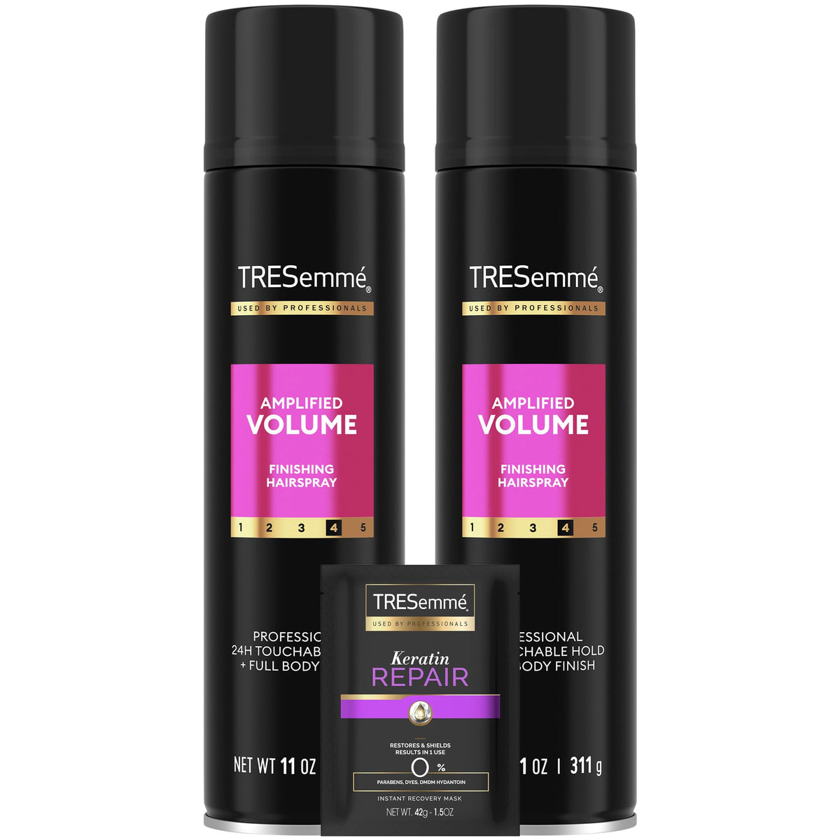 TRESemmé front view of Total Volume hairspray pack showing brand and volume benefit