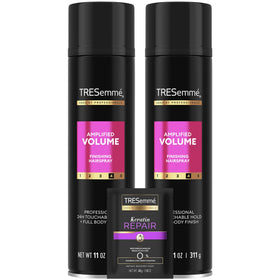 TRESemmé front view of Total Volume hairspray pack showing brand and volume benefit