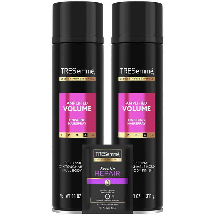 TRESemmé front view of Total Volume hairspray pack showing brand and volume benefit